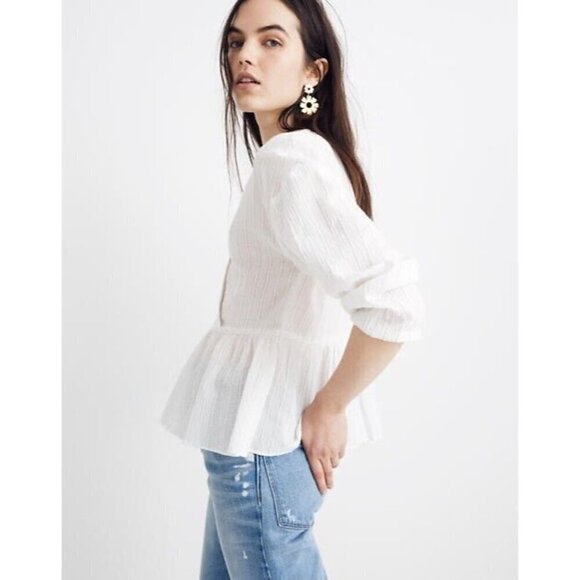 Madewell Bubble-Sleeve Peplum Top Metallic Stripe Faux Wrap Blouse - Picture 2 of 8